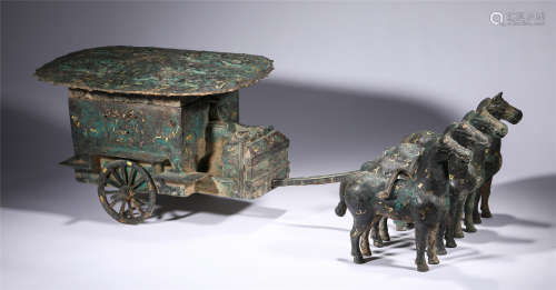 A CHINESE GOLD AND SILVER DECORATED BRONZE CHARIOT