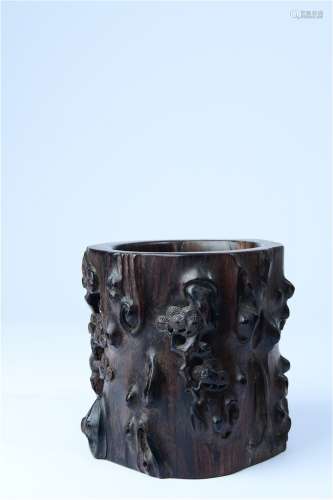A Chinese Carved Hardwood Brush Pot