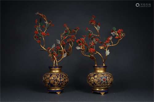 A Pair of Chinese Cloisonne Bonsai