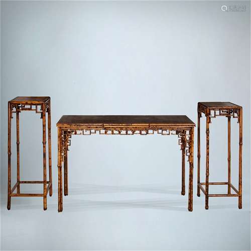 A Set of Chinese Carved Bamboo Flower Stands and A Table