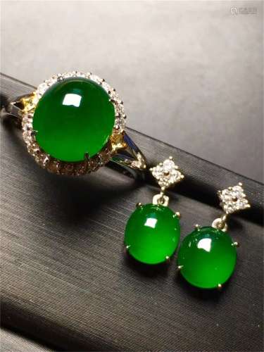 A Set of Chinese Carved Jadeite Earrings and A Ring