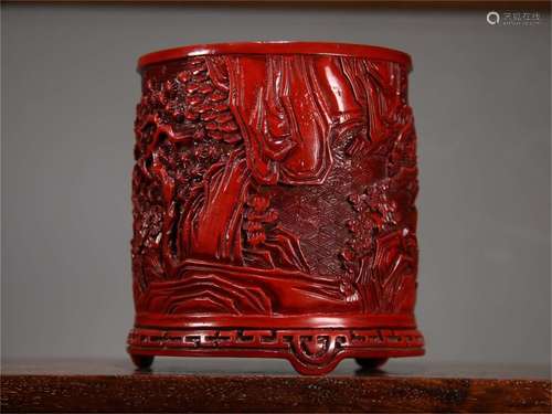 A Chinese Carved Tixi Lacquer Brush Pot