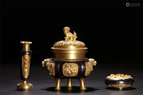 A Set of Three Chinese Gilt Bronze Crafts