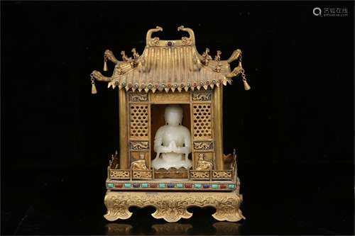 A Set of Chinese Carved Jade Figure of Buddha and A Chinese Gilt Bronze Buddha Niche