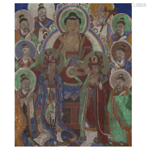 绘画画布上的多色画，画的是佛教三宝，阿弥陀佛坐在莲花上打坐，双手合十，周围有二位菩萨，一手持权杖，一手持莲花，还有几位道士。绘画的用途，装裱）。韩国，19世纪。19世纪，韩国，有框架的色彩和墨水的油画，阿弥陀佛和陶神。DIM.110 X 89 CM (43 5/16 X 35 1/16 IN.)