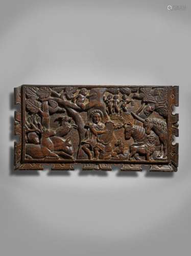16世纪晚期的橡木浮雕神话板，仿照维吉尔-索利斯（Virgil Solis，德国人，1514-1562年）的奥维德《变形记》木刻版画，描绘了奥尔菲斯弹奏琴声吸引野兽的情景。附有獨角獸、獅子、公牛、松鼠、鳥類、小天使、猴子、公羊、狐狸、熊、鹿等，菱形及風格化卷軸，四分之三邊框 40 x 76.8cm 出处 已故简-萨姆纳的遗产。