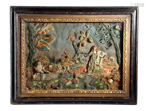 一幅17世纪及更晚期的不寻常镂空绢画，描绘了国王查理二世在河上乘船垂钓，布拉干萨的凯瑟琳王后在河岸上，有一只雄鹿、一只猫和一只鹦鹉在树上陪伴，画中使用了各种材料，包括云母水、贝壳、珍珠种子、刺绣针法和花边，装在18世纪的镀金和黑色釉框中23.2 x 32.2cm 出处 已故简-萨姆纳的遗产。