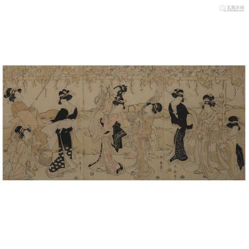 舜臣(1762年-1830年)三联版画，描绘年轻妇女带着孩子在凉棚里采摘葡萄的情景。(Insolated)。日本，江户时代，约1800年。日本江户时代，约1800年的顺天堂三联画。DIM.(视线)：35 X 73 CM (13 3/4 X 28 3/4 IN.)注背面保留了收藏标签和题词。在一个实心的橡木框架中。证据：收藏Ernest Le Veel。