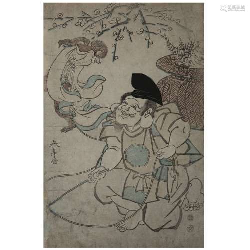 顺天堂(1770-1820)印花oban tate-e，代表着一个欢快的猿猴玩耍。(Insolated, worn out).日本，19世纪。大板楯江木版年画，署名顺亭，日本，19世纪。DIM.37.1 X 24 CM (14 5/8 X 9 7/16 IN.)