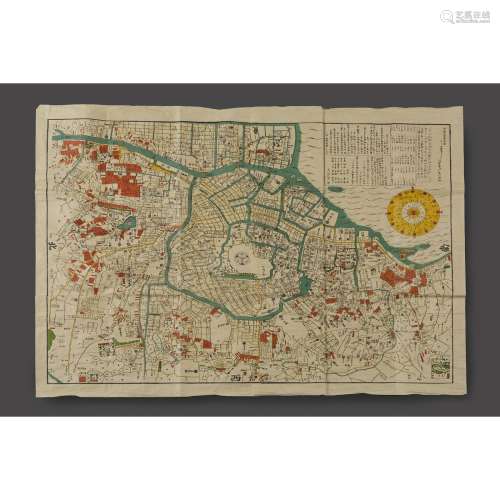 1771年江户市地图彩绘，以户川文为中心，明治8年（1875年）从1771年苏原屋茂平出版的版本重印。1771年的江户地图，重印，日期为1875年。DIM.81.5 X 112 CM (32 1/16 X 44 1/16 IN.)