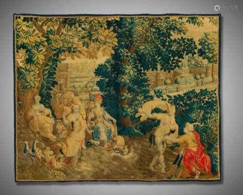 一幅17世纪末/18世纪初的佛罗伦萨神话画，描绘了巴黎的审判，墨丘利在牧羊人巴黎和三位女神面前拿着苹果。赫拉、雅典娜和阿佛洛狄忒被描绘成皇后，坐在有孔雀的宝座上，面前是一座带有正式花园和水景的古典宫殿 238 x 275cm