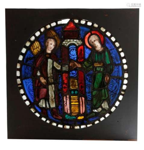 大概是13世纪及以后的法国欧洲彩绘玻璃圆盘，描绘约阿希姆和安娜在金门的情景，刻有