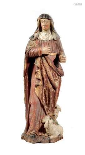 一尊17世纪/18世纪法国阿拉斯的圣阿涅斯雕像，身穿长袍的圣人与三只羊羔相伴，高88.3厘米。阿拉斯的圣安格尼斯图，17/18世纪，穿长袍的圣人与三只羊羔相伴，高88.3厘米，前主人的祖父在第一次世界大战期间曾在皇家飞行军团服役，并得到特别许可，从阿拉斯大教堂被毁后的焚烧遗迹中取出此物。