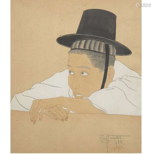 PAUL JACOULET(1896-1960)韩国画像木刻彩印。右下角有签名和日期