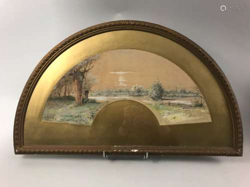 A.莫洛，风景，约1880年。扇叶皮中画有柳树景观。签名为