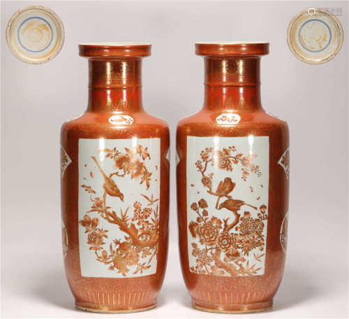 A pair of Fan red glazed vases with golden flowers and birds trace from Qing 清代樊紅描金開光花鳥棒槌瓶一對