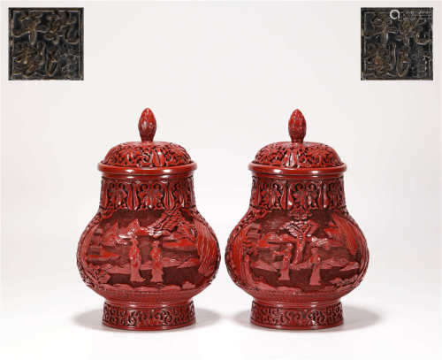 A pair of carved lacquerware vase from Qing 清代乾隆年制剔红人物故事瓶一對