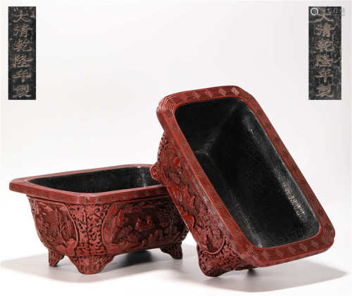 a pair of tubs with carved lacquerware flowers from Qing清代剔紅花紋花盆一對