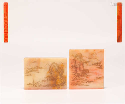 A pair of Shou Shan stone  seals from Qing清代壽山石印章一對