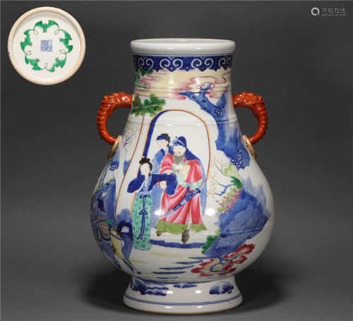 Blue and white ceramic and famille rose vessel from Qing清代青花粉彩人物故事雙耳尊