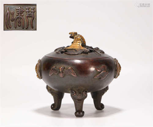 Copper and gilding censer from Qing清代銅鎏金五福熏爐