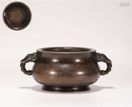 Copper and silvering censer with two ears from Ming明代銅質措銀雙耳爐