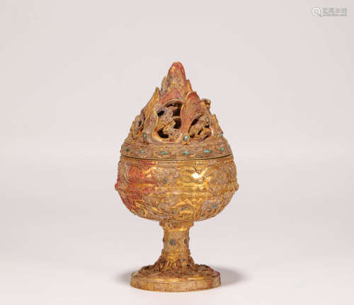 Gold Boshan lamp with tophus engraved from the Warring States戰國純金鑲松石博山爐
