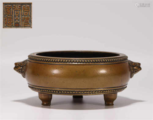 Copper censer with two ears in beast form from Qing清代銅質雙獸耳香爐