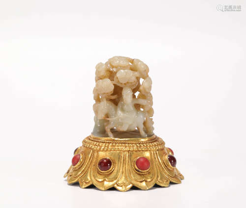 Hetian jade lamp and covered with gold leaf, from Liao遼代和田玉包金爐鼎