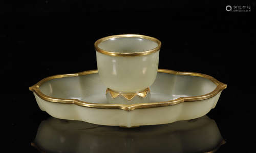 Qing Dynasty-Set of Hetian Jade Wrap Silver Gilt Cup