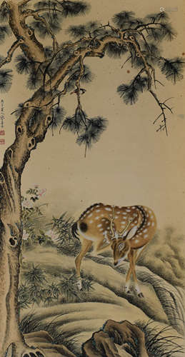 A CHINESE PINE&DEER PAINTING SCROLL ZHANG SHANZI MARK