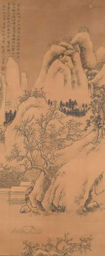 A CHINESE LANDSCAPE PAINTING SILK SCROLL HUA YAN MARK