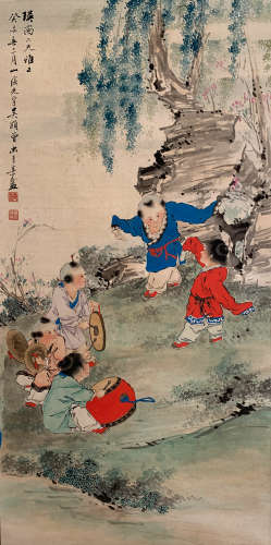 A CHINESE CHILDREN PAINTING SCROLL WU GUANGYU MARK