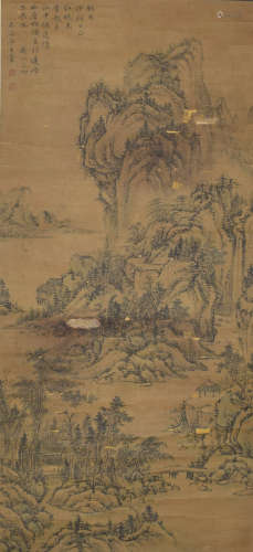 A CHINESE LANDSCAPE HANGING PAINTING SCROLL WANG HUI MARK