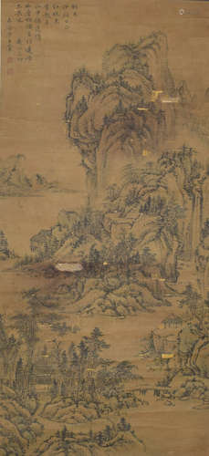 A CHINESE LANDSCAPE HANGING PAINTING SCROLL WANG HUI MARK