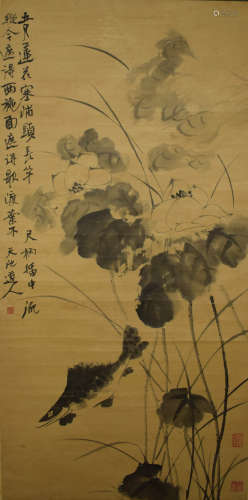 A CHINESE LOTUS INK HANGING PAINTING SCROLL XU WEI MARK