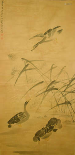 A CHINESE FLOWER&BIRD PAINTING SCROLL BIAN SHOUMIN MARK