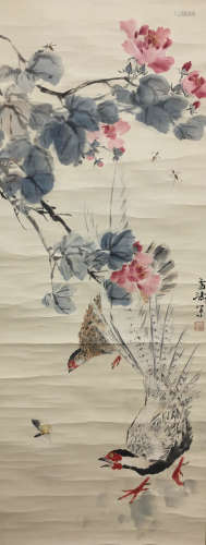 A CHINESE FLOWERS PAINTING SCROLL WANG XUETAO MARK