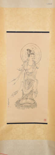 A CHINESE LINE DRAWING BUDDHA PAINTING SCROLL PU RU MARK