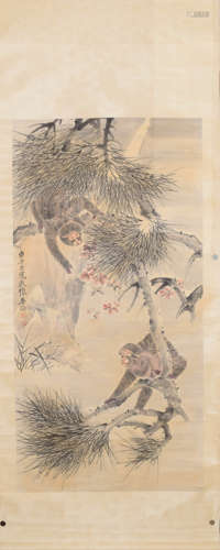 A CHINESE MONKEYS PAINTING SCROLL ZHANG SHANZI MARK