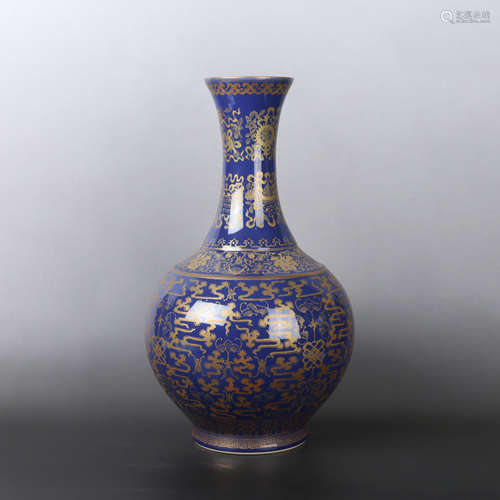 AN ALTAR BLUE GLAZE GILT-INLAID FLORAL PORCELAIN VASE