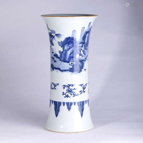 A BLUE AND WHITE LANDSCAPE PORCELAIN BEAKER VASE