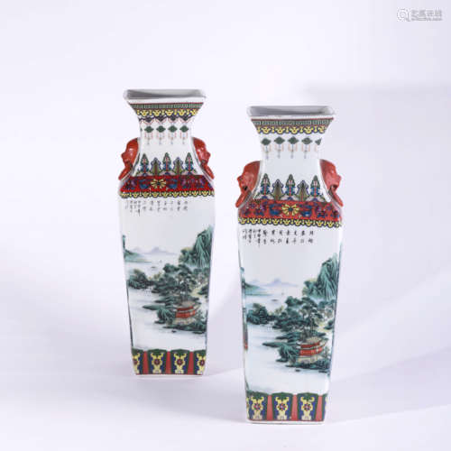 A PAIR OF FAMILLE ROSE LANDSCAPE PORCELAIN SQUARE VASES