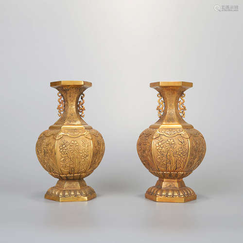 A PAIR OF GILT-BRONZE HEXAGON VASE