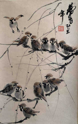 A CHINESE SPARROW PAINTING SCROLL HUANG ZHOU MARK