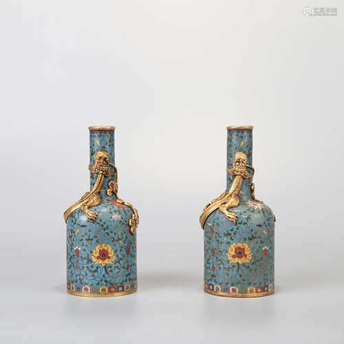 A PAIR OF GILT-BRONZE CLOISONNE DRAGON ZUN VASES