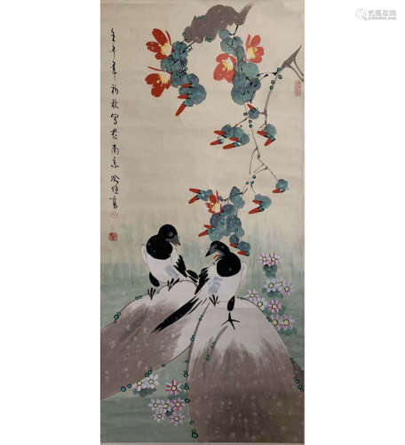 A CHINESE FLOWERS&BIRDS HANGING PAINTING SCROLL YU JIGAO MARK