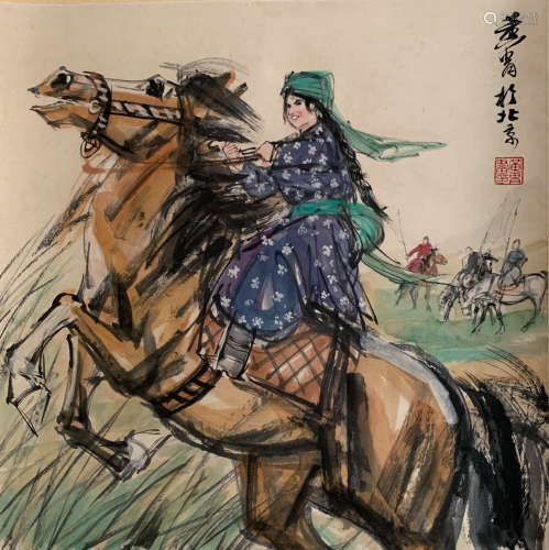A CHINESE FIGURE&HORSE PAINTING SCROLL HUANG ZHOU MARK