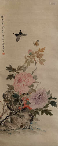 A CHINESE FLOWERS&BUTTERFLY PAINTING SCROLL LIN HUIYIN MARK