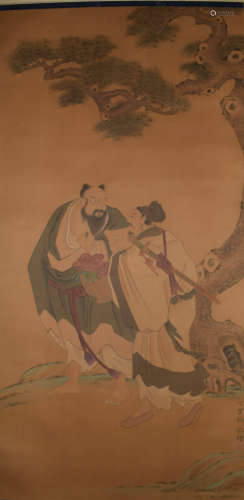 A CHINESE TWO OLDMAN PAINTING SILK SCROLL DING YUNPENG MARK